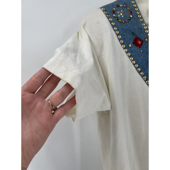 Special F/X Vintage Blouse Womens XL White Denim Beaded Neckline V Neck Studded - Picture 6 of 16